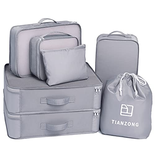 Tianzong 7-piece Set Packing Cubes, Travel Bags for Luggage, Packing Organizers with Shoe Bag (Grey)