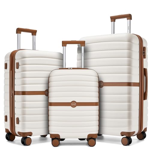 Kono Expandable 3 Piece Luggage Sets with Spinner Wheels, Lightweight PC+ABS Hardside Travel Rolling Suitcases Sets 20in 24in 28in Luggage for Men Women, White/Brown - color: White/Brown, size: 3 Piece Set (20/24/28)