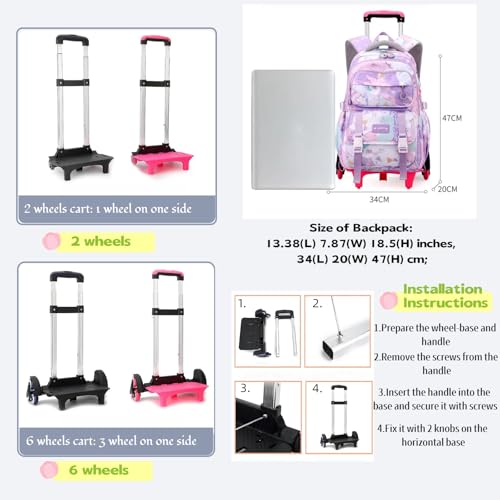 Kids Rolling Backpack for Girls School Bag with Wheels, 2-Wheel Purple - color: 2 Wheels Purple