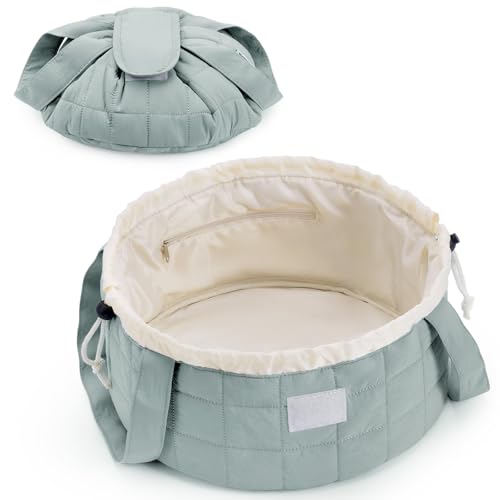 Narwey Lay Flat Drawstring Quilted Makeup Bag, Travel Toiletry Cosmetic Bag - color: B-Quilted Sage Green