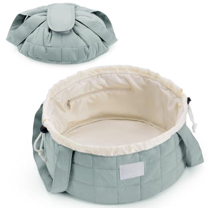 Narwey Lay Flat Drawstring Quilted Makeup Bag, Travel Toiletry Cosmetic Bag - color: B-Quilted Sage Green