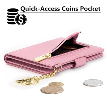 Airkit Small Wallet Women RFID, PU Leather Card Holder with Keychain - color: Pink