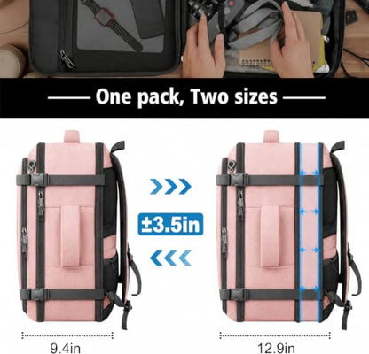 Expandable 1-7 DAYS Travel Backpack Anti Theft Water Resistant - color: Pink, size: 18.4inch - 23.2"x14.9"x9.4"(+3.5")