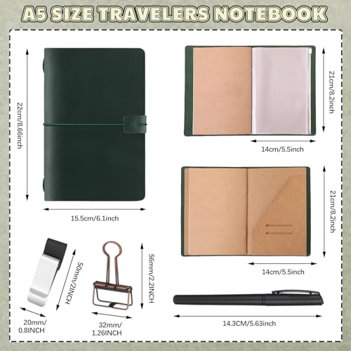 Traveling Refillable Leather Journal Notebook, Green, A5 Size - color: Green, size: A5 Size