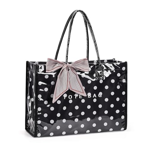Lushandy PVC Tote Bag Women's Waterproof Jelly Beach Bag Work Hobo Handbag - color: Polka Bot-black