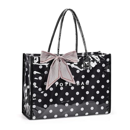 Lushandy PVC Tote Bag Women's Waterproof Jelly Beach Bag Work Hobo Handbag - color: Polka Bot-black