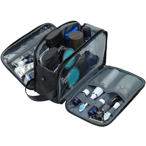 ZEEMO Travel Toiletry Bag for Men, Full Open Dopp Kit with Dual Compartment - color: Jet Black, size: Large
