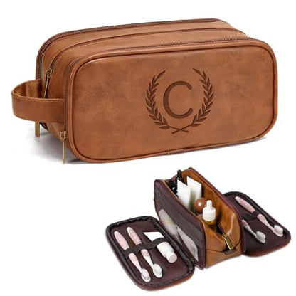 Travel Toiletry Bag For Mens PU Leather Engraved Initials (Yellow Brown C) - color: Yellow Brown, style: C