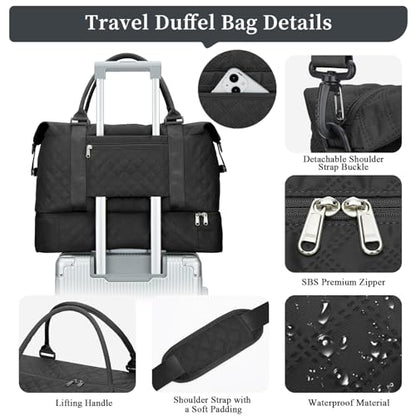 Weekender Bags for Women, Travel Duffel Bag with Shoes Compartment - color: Grid-Black, size: Large