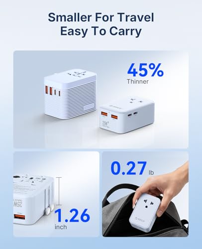ORICO Ultra-Thin GaN Travel Adapter 25W, International Plug Adapter | 5-in-1 (1 AC Outlet 2 USB-C and 2 USB-A Ports) Universal Power Adapter for US EU UK AU 200+ Countries (2500W Max) - 1 Pack - color: Blue