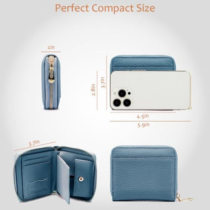 Small Leather Travel Wallet for Women, RFID Blocking Zip Around - color: Navy Blue
