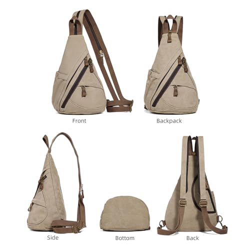 KL928 Canvas Sling Bag - Small Crossbody Backpack Shoulder Casual Daypack Rucksack for Men Women(Large Version,Khaki) - color: Canvas-khaki
