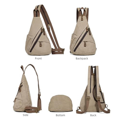 KL928 Canvas Sling Bag - Small Crossbody Backpack Shoulder Casual Daypack Rucksack for Men Women(Large Version,Khaki) - color: Canvas-khaki