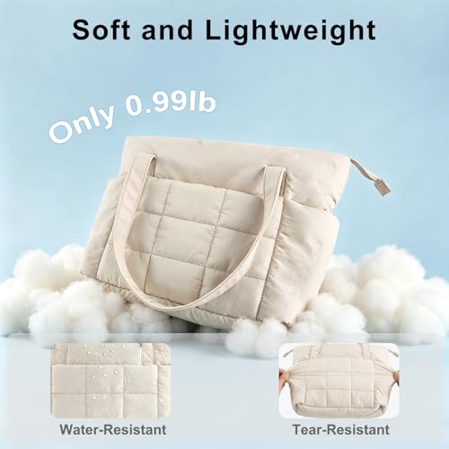 U+U Puffer Tote Bag for Women, Quilted Work Tote with Compartments - color: Cream