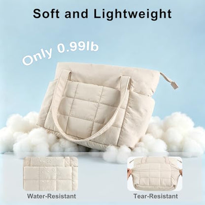 U+U Puffer Tote Bag for Women, Quilted Work Tote with Compartments - color: Cream