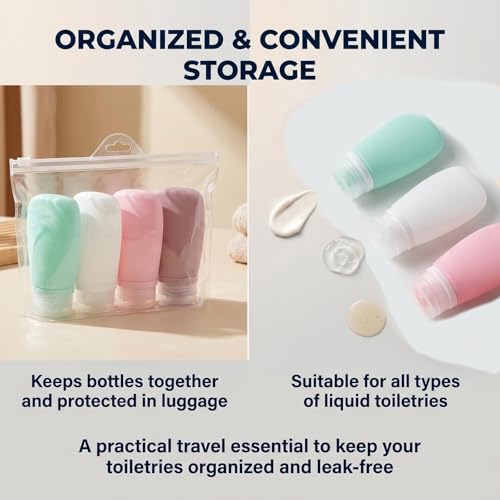 4 Pack 1oz/30ml Travel Bottles for Toiletries, Leak Proof Refillable Silicone Squeezable Travel Accessories with EVA Bag & Labels for Shampoo Conditioner Lotion Liquids & To Go Use - color: D