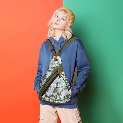 KL928 Canvas Sling Bag - Small Crossbody Backpack Shoulder Casual Daypack Rucksack for Men Women(Embroidery Green) - color: Canvas-embroidery Green