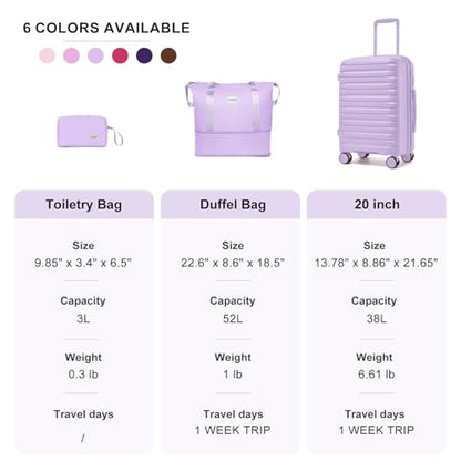 LARVENDER Luggage Sets 3 Piece, Carry On Luggage 20in Suitcase with Wheels - color: Lavender-20inch