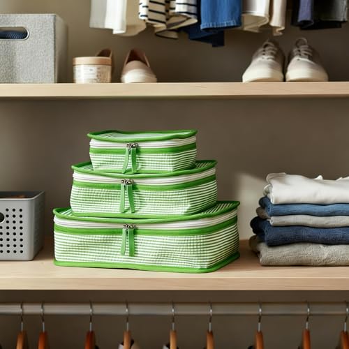Seersucker Packing Cubes, 3 Pack Blank for DIY Embroidery Kids Travel Organizer - color: Green