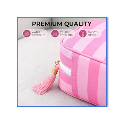 Preppy Striped Makeup Bag for Women, Structured Travel Cosmetic Pouch with Protective Sponge Padding, Large Canvas Toiletry Organizer with Tassel Zipper for Daily Purse(Pink) - color: Pink