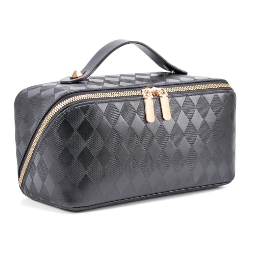 ALEXTINA Travel Makeup Bag, PU Leather Cosmetic Bag, Black - color: diamond black, size: Medium
