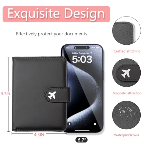 Passport Holder, Cute Travel Wallet Cover with RFID Blocking,Black | PU leather travel wallet with magnetic closure, card slots, pen loop, and easy access for passports and essentials. - color: S-Black