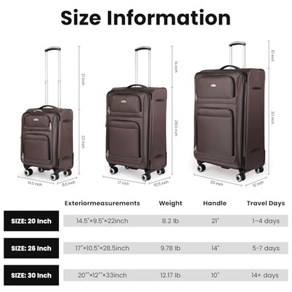 Softside Luggage Sets 3 Piece w/Front Pockets,Expandable - color: Coffee, size: 3-Piece Set (20"/26"/30'')