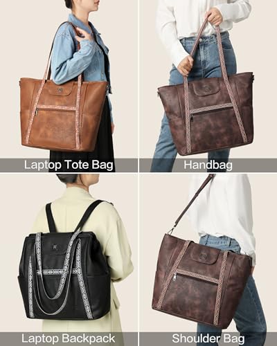FADEON Large Laptop Tote Bag for Women Designer Leather Laptop Bag, 15.6in - color: Beige Contrast Brown
