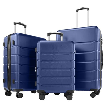 Sweetcrispy 3 Piece Luggage Set, Expandable Suitcase with Spinner Wheels - color: Navy Blue, size: 3-Piece Set (20/24/28 Inch)