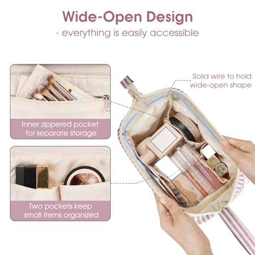 Narwey Travel Makeup Bag Toiletry Bag, Wide Open Cosmetic Bag for Women - color: D-Dusty Rose Stripe, size: Small