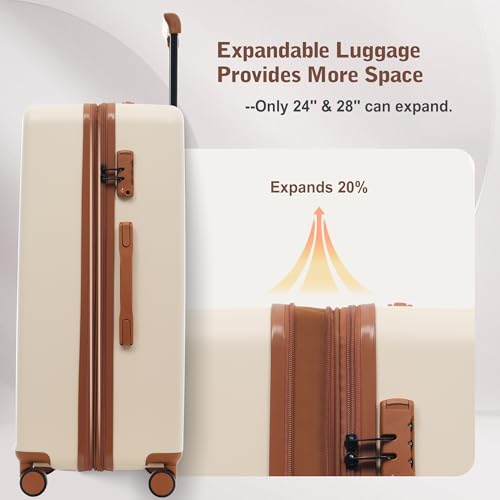 Merax Luggage Sets 5 Piece Front Open,Lightweight Expandable Luggage - color: White&Brown(20 top-open), style: 3-piece Set(20/24/28)