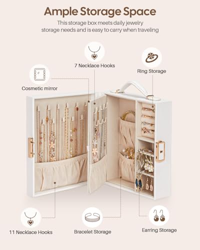 Enthralite Portable Travel Jewelry Case: Jewelry Box with Lock and Mirror - color: White