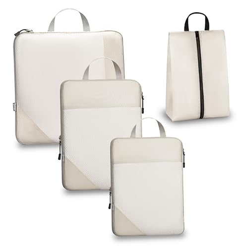 Compression Travel Packing Cubes with White Mesh, Apricot, 4Pcs - color: Apricot, size: Set of 4