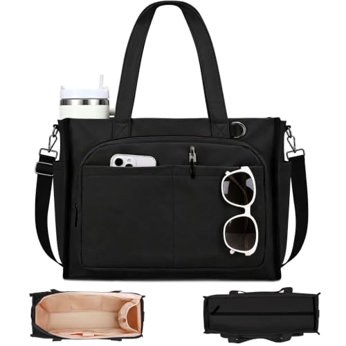 oscaurt Work Tote Bag for Women, 18 Pocket Laptop Tote, 15.6" Compartment - color: Black