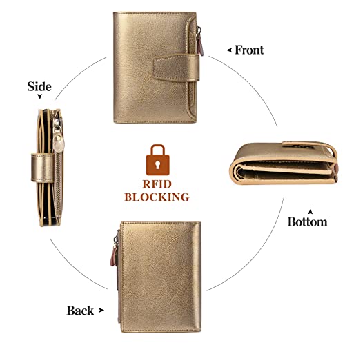 FALAN MULE Small Wallet Women RFID Blocking Leather Bifold Compact Card Holder Wallet with Zipper Coin Pocket - color: Bronze