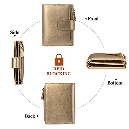 FALAN MULE Small Wallet Women RFID Blocking Leather Bifold Compact Card Holder Wallet with Zipper Coin Pocket - color: Bronze