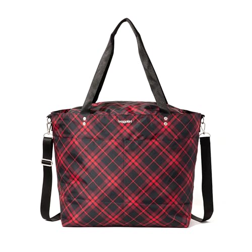 Baggallini Carryall Tote - Lightweight Nylon Zipper Top Weekender Travel Beach Bag w/Luggage Sleeve - color: Crimson Tartan