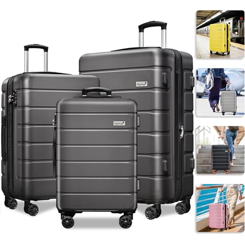 KEYTANG Explorer Lightweight Hardshell 20% Expandable 3-Piece Luggage Set with TSA Lock, Double Spinner Wheels, and Carry-On Suitcase, Grey - color: Grey, size: 001-3PCS