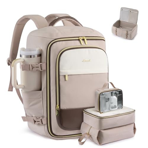LOVEVOOK Travel Backpack Carry on Flight Approved for Women/Men - color: Pink & Khaki, size: 40L-4PCS