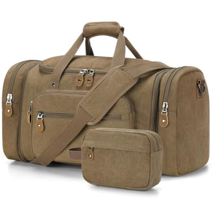 Gonex Canvas Duffle Bag, Expandable 60L Travel Overnight Weekender Bag - color: Coffee, size: X-Large-60L (With Toiletry Bag)