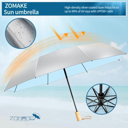 ZOMAKE UV Umbrella for Sun Protection, Travel Compact Sun Umbrellas 46Inch - color: B:Silver,Light Blue