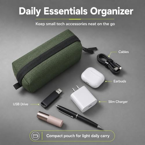 Electronics Travel Organizer, Compact Charger Case | Soft padded polyester helps protect cables, power banks, adapters and earbuds from light splashes and daily scratches - color: Green
