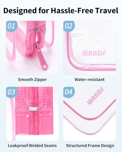 WANDF TSA Approved Toiletry Bag, 2 Pack Clear Makeup Bag - color: Pink Pack of 2, size: Pack of 2
