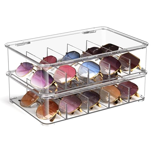 Sunglasses Organizer, Acrylic Clear Plastic Stackable Sunglasses Case with 5 Compartments,Glasses Organizer - size: 2 pack