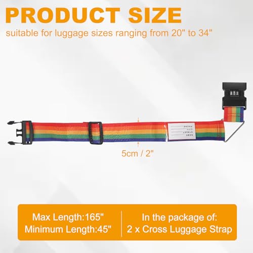 MECCANIXITY Cross Luggage Straps with Combination Lock Name ID Card Adjustable Suitcase Belt Strap for Suitcase Briefcase Backpack Travel, Rainbow, Pack of 2 - color: Rainbow