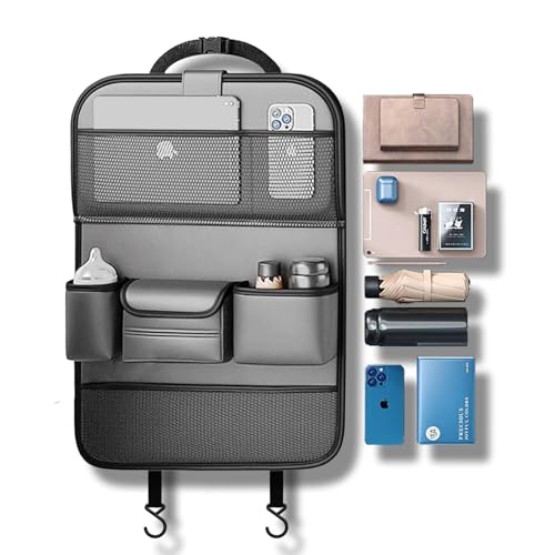 2 Pack Leather Car Seat Back Organizer with Foldable Tray Table, Backseat Car Organizer with Tablet Pocket, Cup Holders, Tissue Pocket, Mesh Pockets, Kick Mat Gray - color: Gray