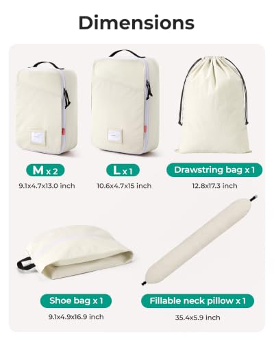 BAGSMART 6 Set Packing Cubes for Travel with Fillable Neck Pillow, Shoe Bag - color: Beige