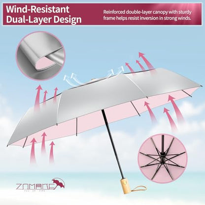 ZOMAKE UV Umbrella for Sun Protection, Travel Compact Sun Umbrellas 46Inch - color: B:Silver,Pink a
