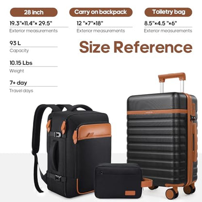 UKEIN Luggage Sets 3 Piece, 28in Checked Luggage With Travel Backpack - color: Black, size: 3 piece set (28inch)