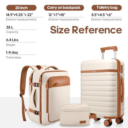 UKEIN Luggage Sets 3Piece, Carry On Luggage 20in Suitcase Set With Backpack - color: Beige, size: 3 piece set (20inch)